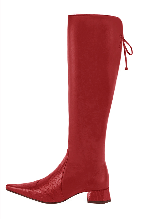 French elegance and refinement for these scarlet red knee-high boots, with laces at the back, 
                available in many subtle leather and colour combinations. Pretty boot adjustable to your measurements in height and width
Customizable or not, in your materials and colors.
Its half side zip and rear opening will leave you very comfortable.
For pointed toe fans. 
                Made to measure. Especially suited to thin or thick calves.
                Matching clutches for parties, ceremonies and weddings.   
                You can customize these knee-high boots to perfectly match your tastes or needs, and have a unique model.  
                Choice of leathers, colours, knots and heels. 
                Wide range of materials and shades carefully chosen.  
                Rich collection of flat, low, mid and high heels.  
                Small and large shoe sizes - Florence KOOIJMAN